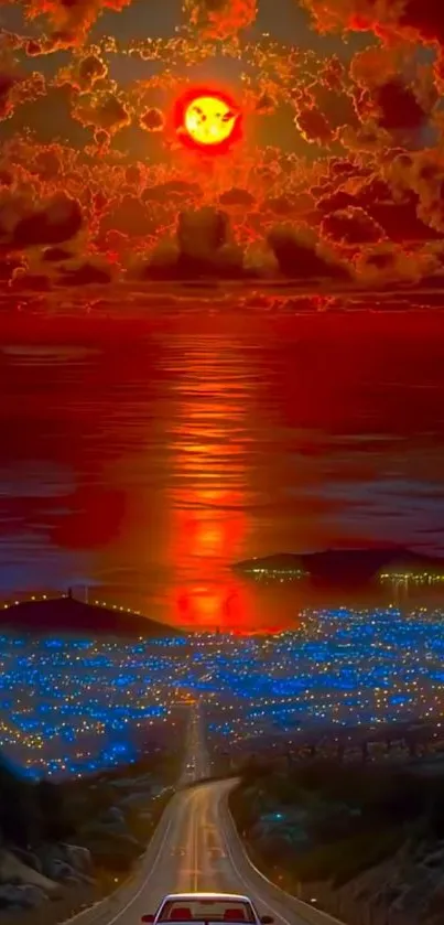 Surreal sunset over illuminated ocean cityscape from a highway.
