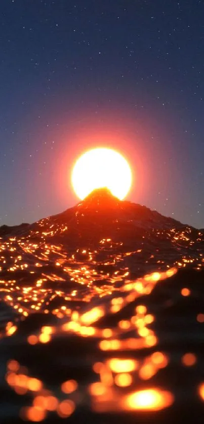 Dazzling sunset over ocean waves with a starry night sky in the background.