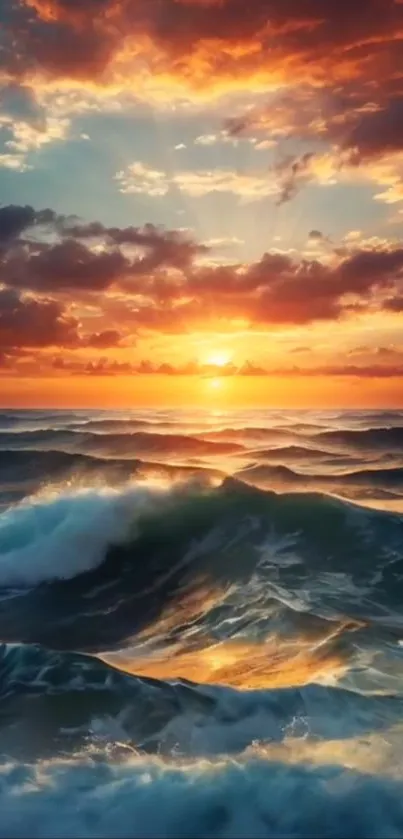 Breathtaking sunset over ocean waves with vibrant skies.