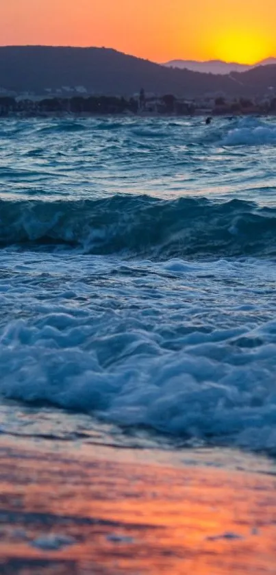 A beautiful sunset over ocean waves with a serene glow.