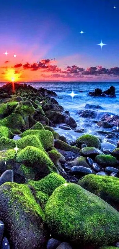 Sunset over mossy rocky shore with vibrant sky.