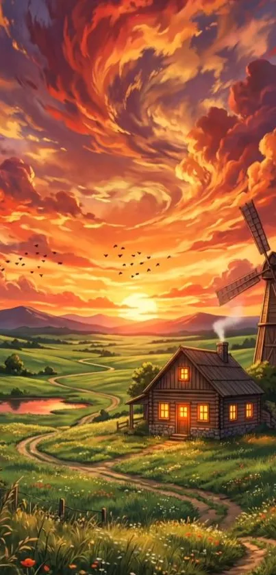 Vibrant sunset over a rural landscape with a windmill and cottage.