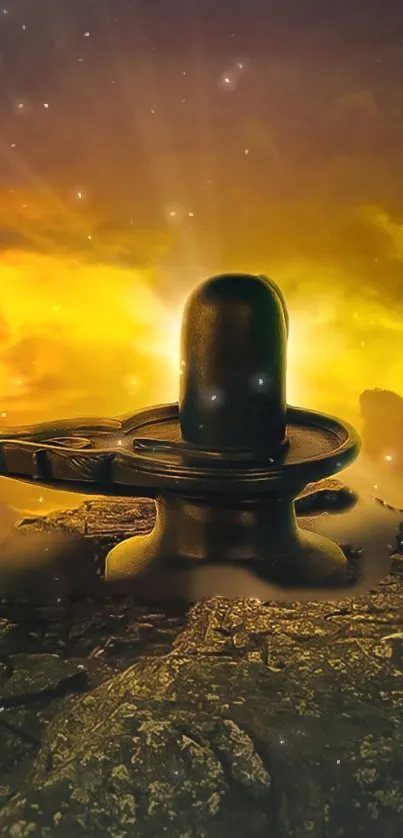 Shivling at sunset with golden sky and calming ambiance.