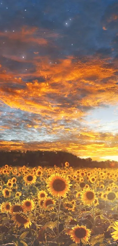 Orange sunset over vibrant sunflower field wallpaper.