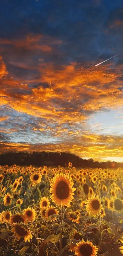 Sunflower field under vibrant sunset sky.