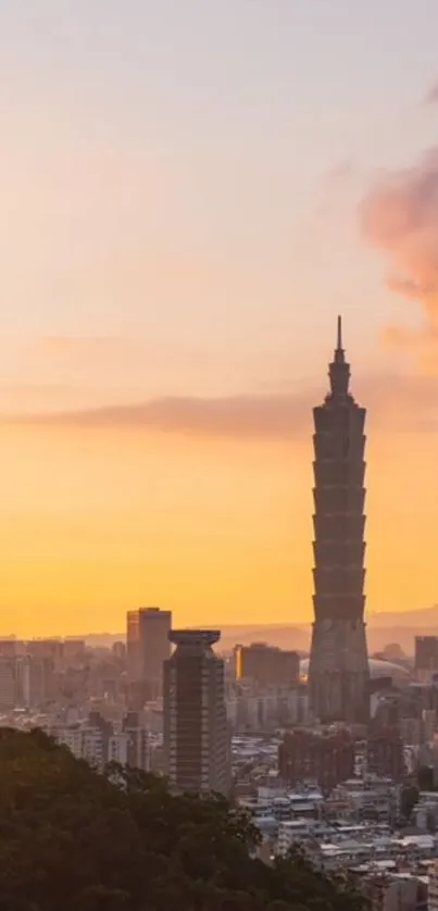 Stunning Taipei skyline at sunset with golden sky.