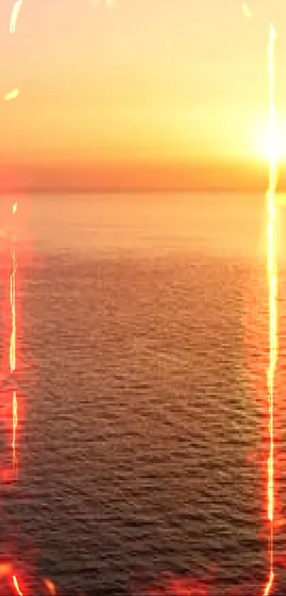 Beautiful sunset over the ocean with cliffs in the distance.