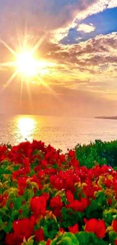 Serene sunset over red flowers by the ocean with vibrant colors.