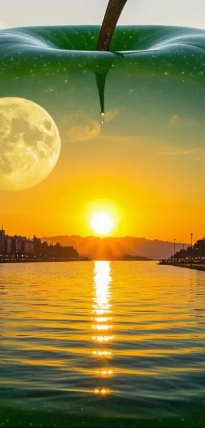 Sunset over water with a moon reflected inside an apple silhouette.
