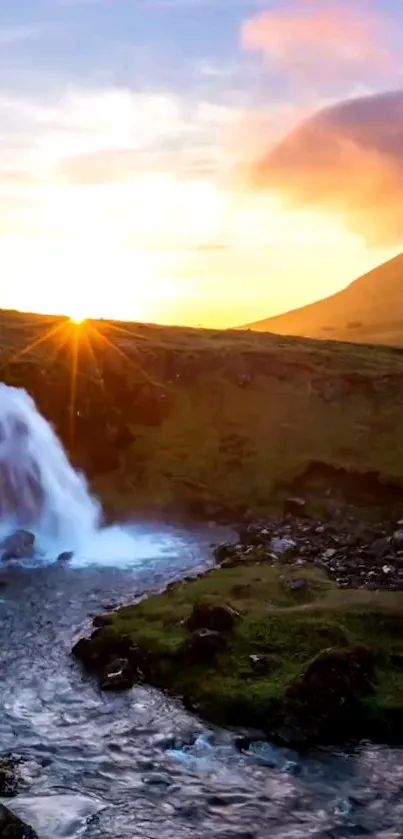 Serene sunset waterfall with vibrant sky and flowing water in nature setting.