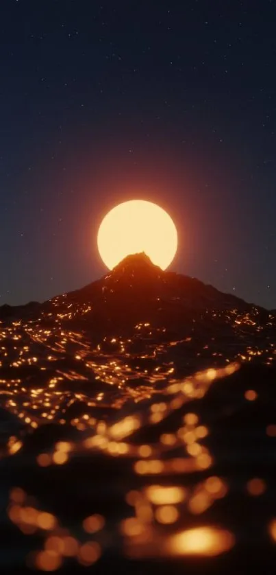 Silhouette of mountain over ocean at sunset. Glowing sun on horizon and dark waves.