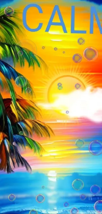 Vibrant sunset beach wallpaper with palm trees and bubbles.