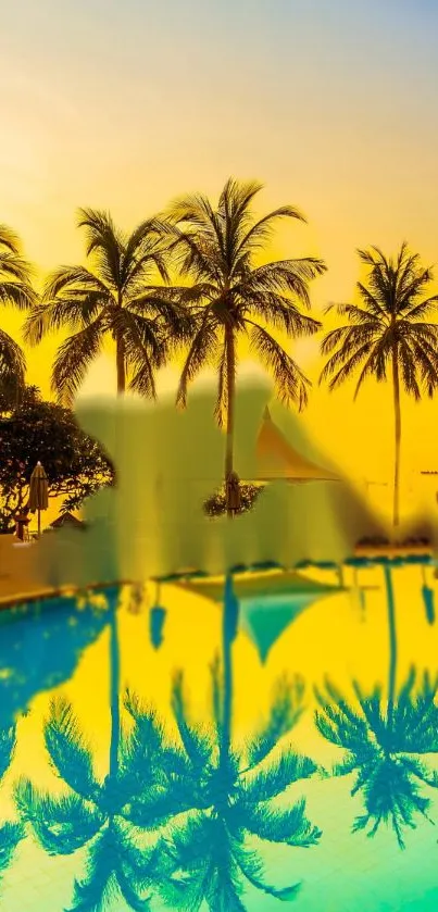 Tropical sunset with palm trees and water reflection on a vibrant beach.