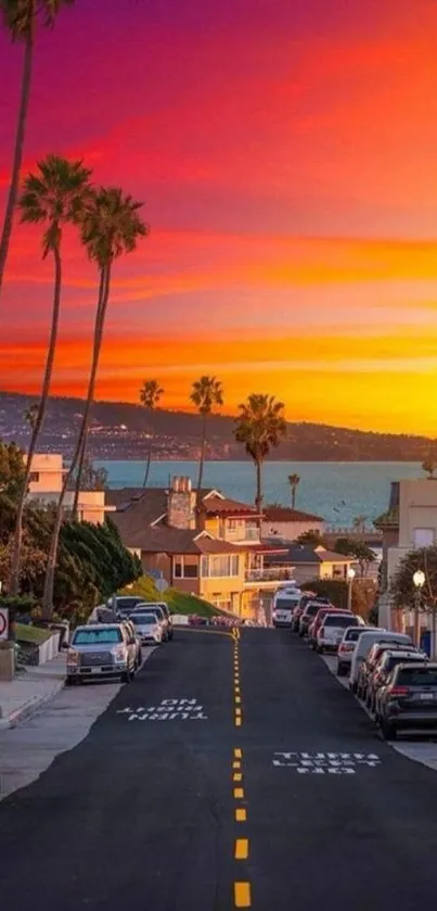 Colorful sunset street scene with palm trees and ocean.