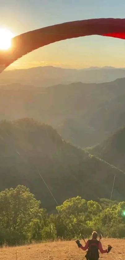 Paragliding adventure at sunset over scenic mountain landscape.