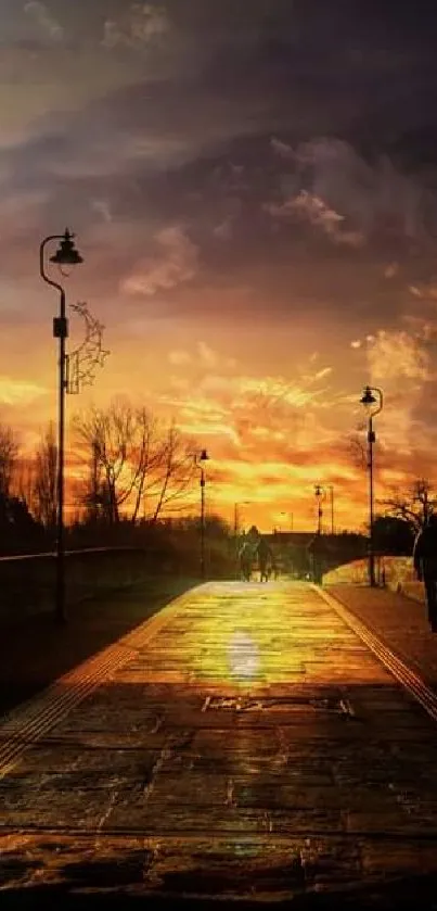 Vibrant sunset over a peaceful pathway, capturing serene nature.