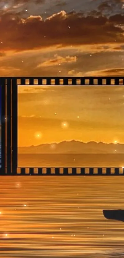 Mobile wallpaper of sunset photography with filmstrip and serene ocean scene.