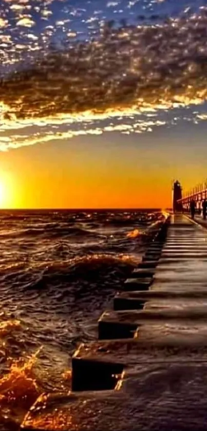 Golden sunset over pier and ocean waves.