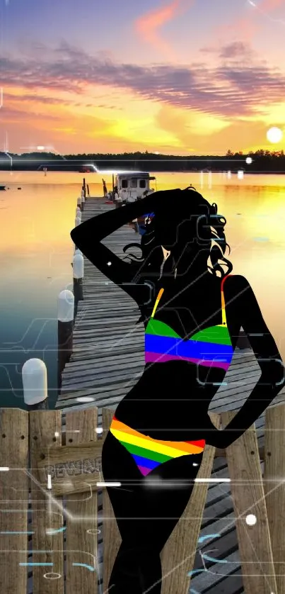 Silhouette of a woman at a sunset pier with a colorful swimsuit.