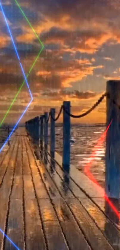 Wooden pier at sunset with colorful neon lights.