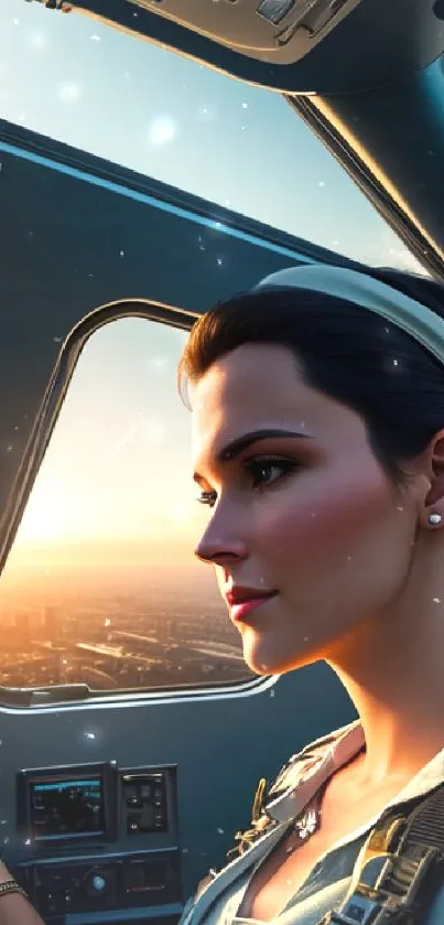 Female pilot in cockpit at sunset, cityscape view.