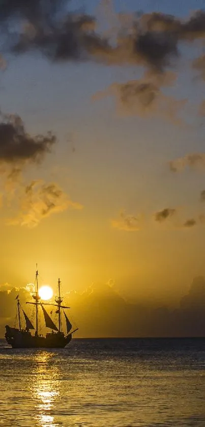 Majestic pirate ship silhouetted against a sunset on the ocean.