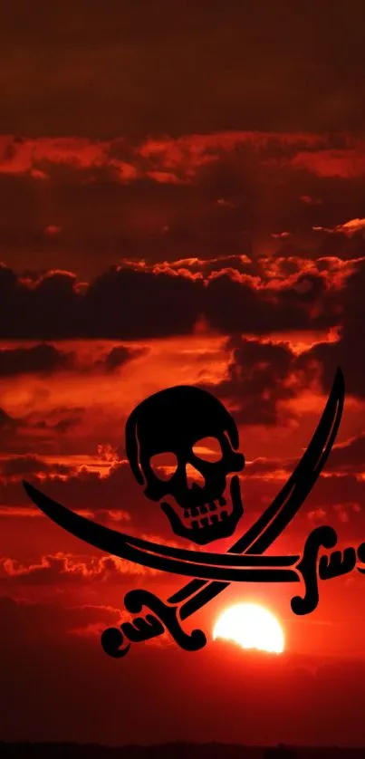 Pirate skull and swords against a dark red sunset sky.