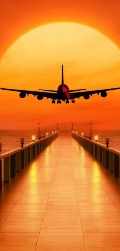 Airplane flying over ocean at sunset with glowing orange sky.