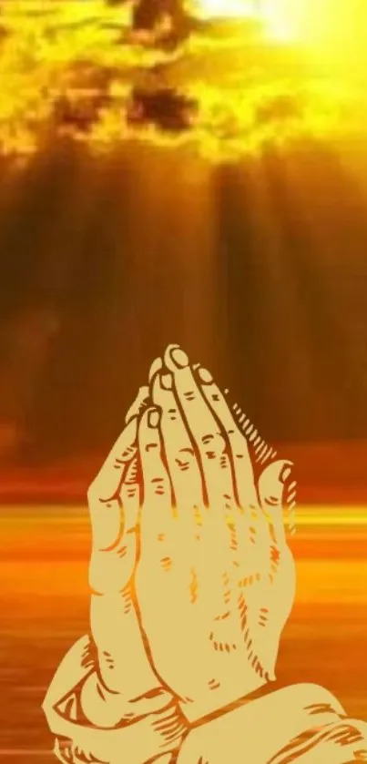 Praying hands with golden sunset background.