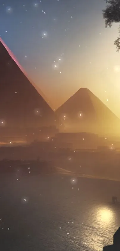 Sunset over pyramids with tranquil Nile reflection, creating a serene mobile wallpaper.