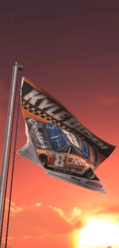 Racing flag waves at sunset, showcasing dynamic colors and motorsport theme.