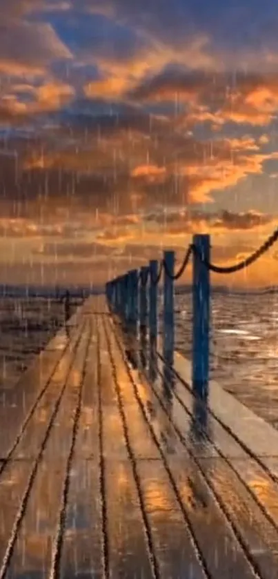 Rainy sunset over a wooden pier by the ocean.