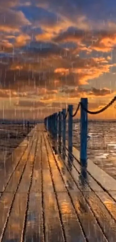 Stunning sunset over a rain-soaked pier, with vibrant clouds and ocean reflections.