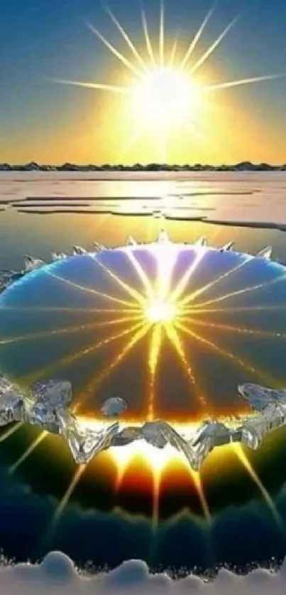 Sun setting over icy waters with golden reflections in the artwork.