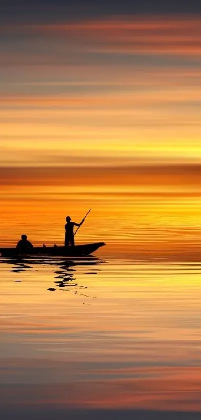 Silhouette of a boat during sunset with a stunning orange reflection.