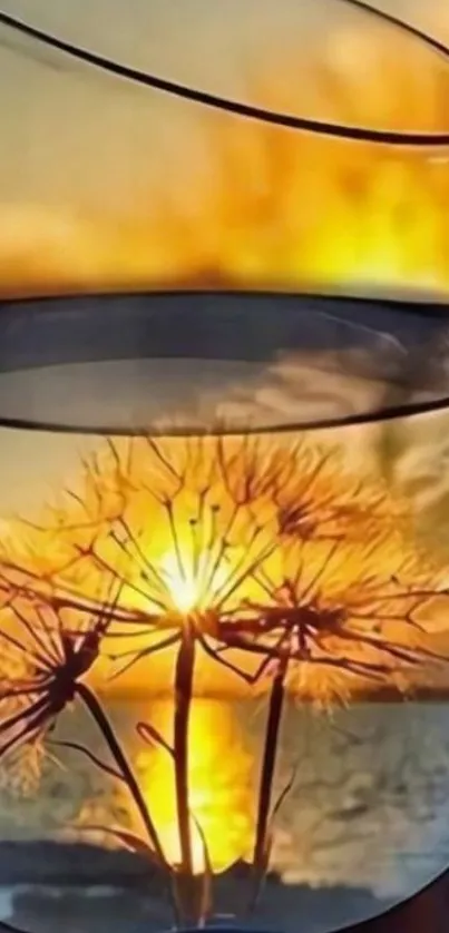 Dandelion reflecting in glass with sunset background.