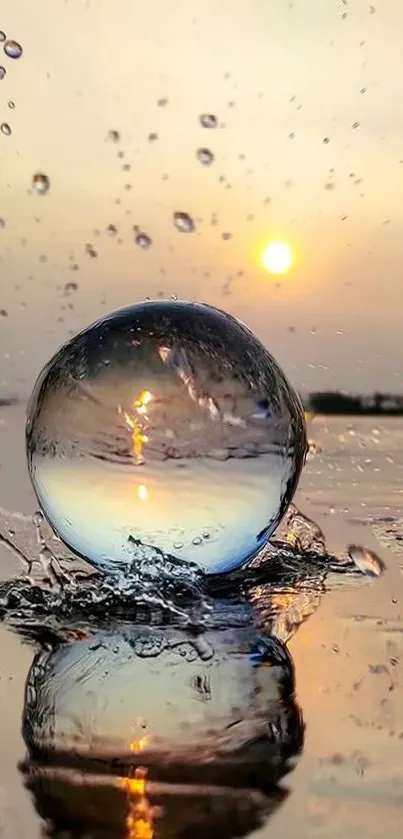 Glass sphere reflecting sunset over water with splashing droplets.