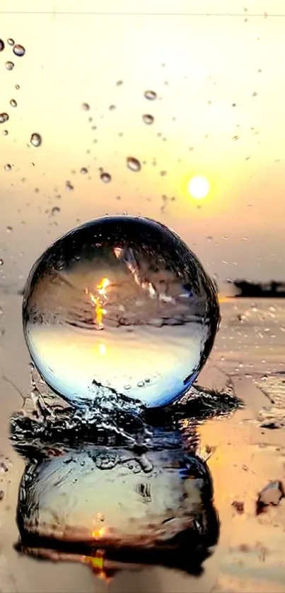 Sunset through a glass sphere reflecting on water with splashing droplets.