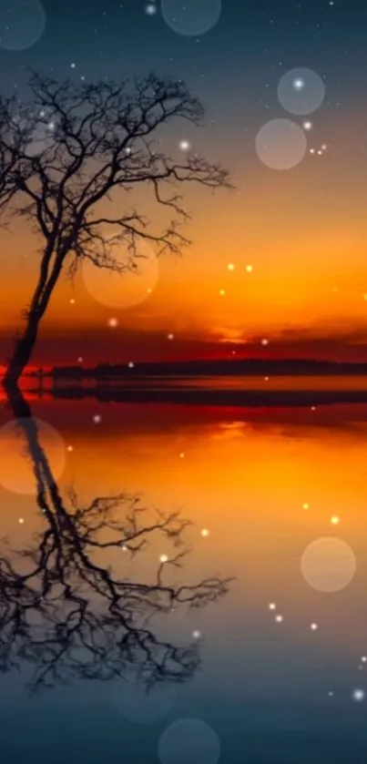 Tranquil sunset reflection with silhouetted trees and vibrant skies over a calm lake.