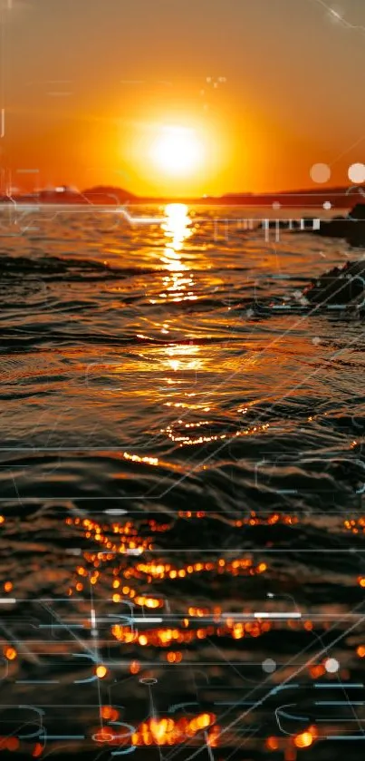 Sunset over ocean waves with digital overlay.