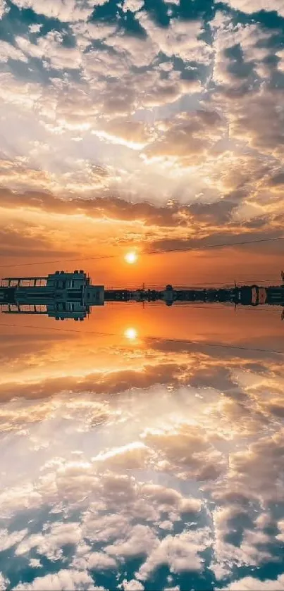 Stunning sunset reflected perfectly over water with colorful clouds.