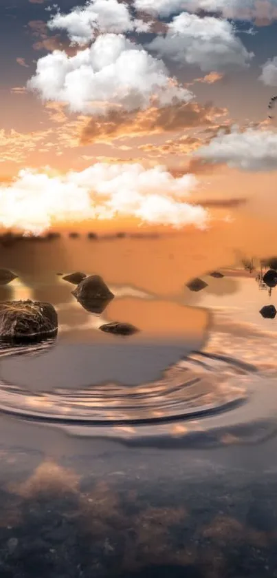 Serene sunset reflection with clouds and tranquil water ripples.