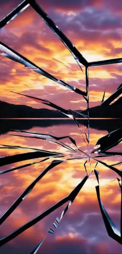 Cracked glass over sunset lake reflection wallpaper.