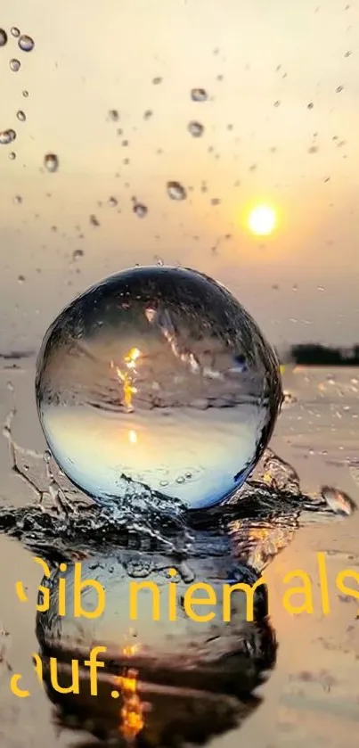 Sphere reflecting sunset over tranquil water surface.