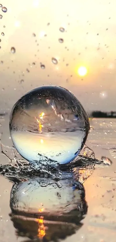 A stunning water orb reflecting a sunset over a tranquil lake.