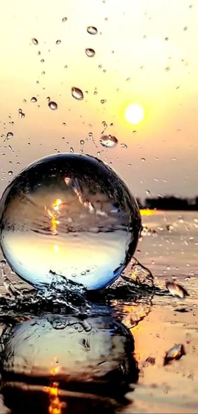 Sunset reflection with water sphere and droplets on a serene backdrop.