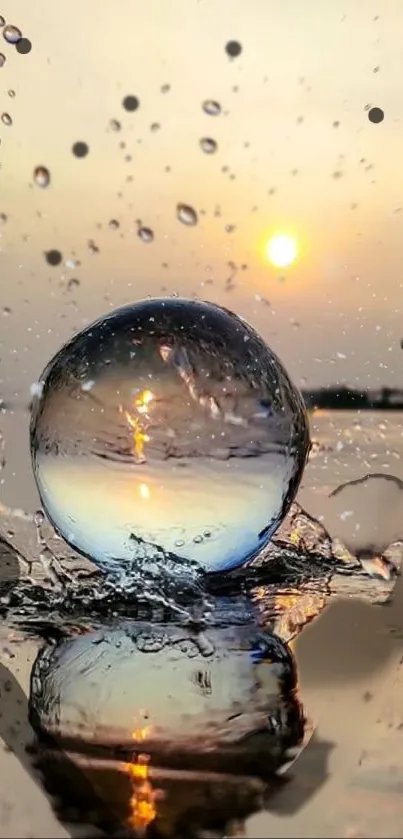 Sunset reflected in a water sphere, creating a serene and artistic mobile wallpaper.