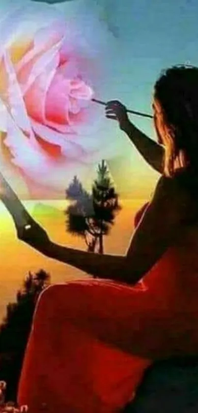 Silhouette of a woman at sunset with a giant translucent rose.