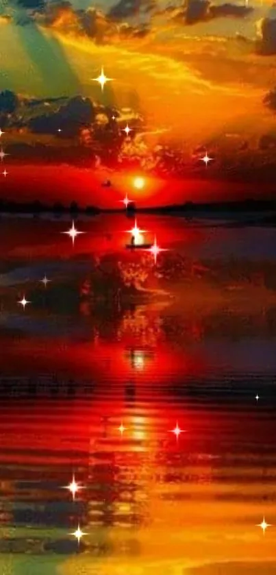 Vibrant sunset with starry reflections over calm water.