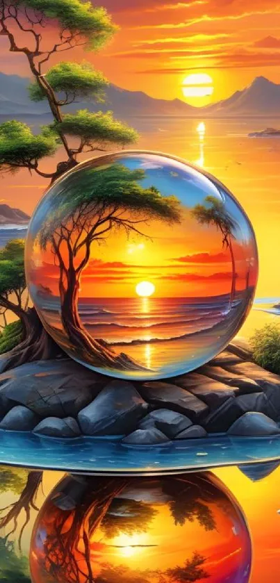 Vibrant sunset with nature reflections in a crystal sphere on a lake.